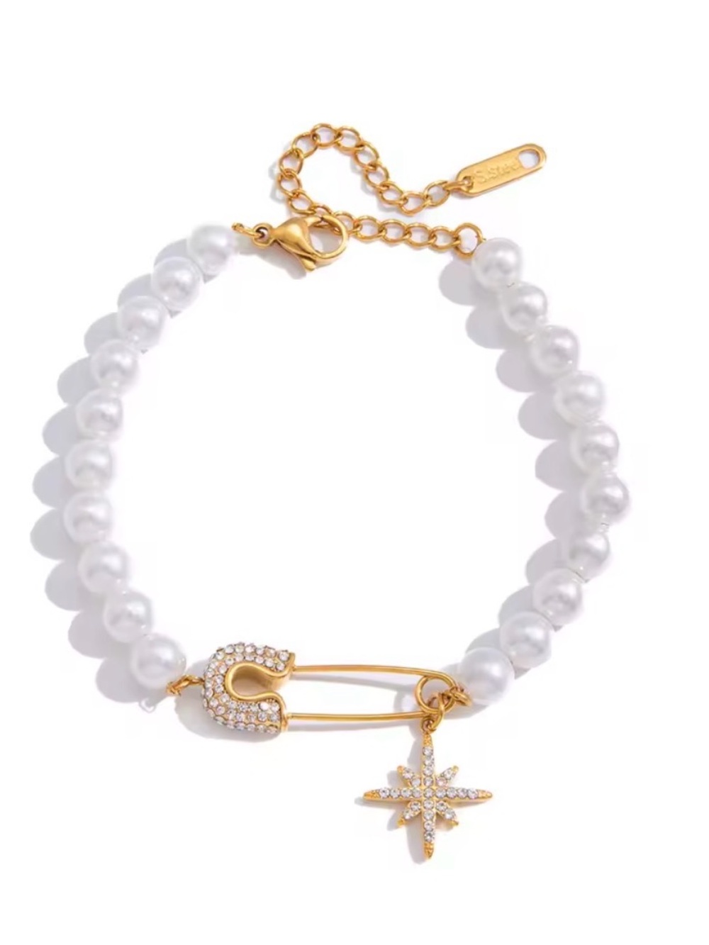 Pearl & Gold Safety Pin Charm Bracelet - Unbranded